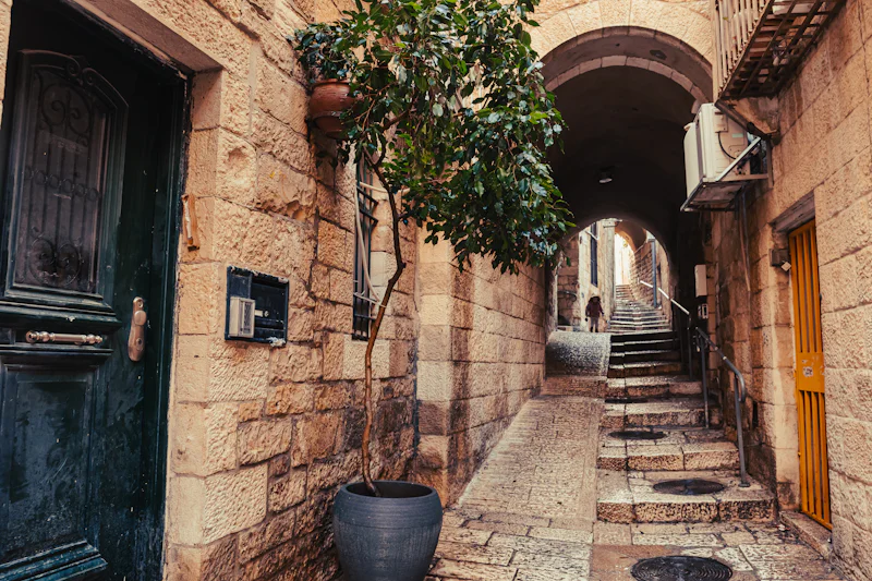 A stone alley with a potted tree in the Jewish Quarter of Jerusalem